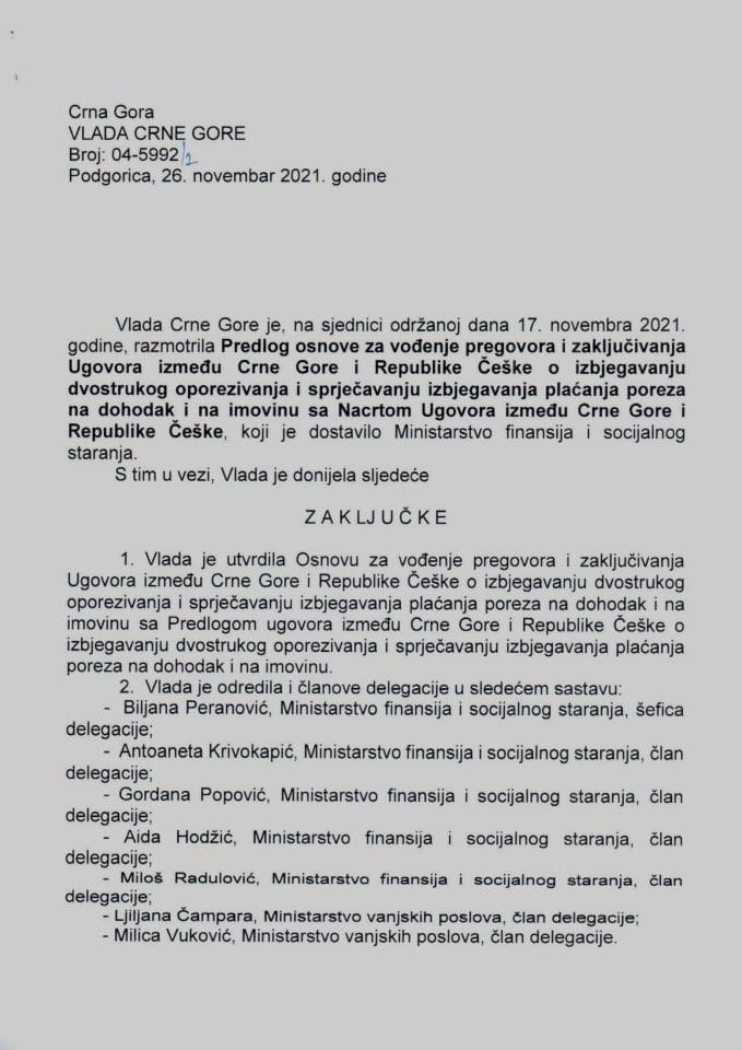 Предлог основе за вођење преговора и закључивања Уговора између Црне Горе и Републике Чешке о избјегавању двоструког опорезивања и спрјечавању избјегавања плаћања пореза на доходак и на имовину са Нацртом Уговора - закључци