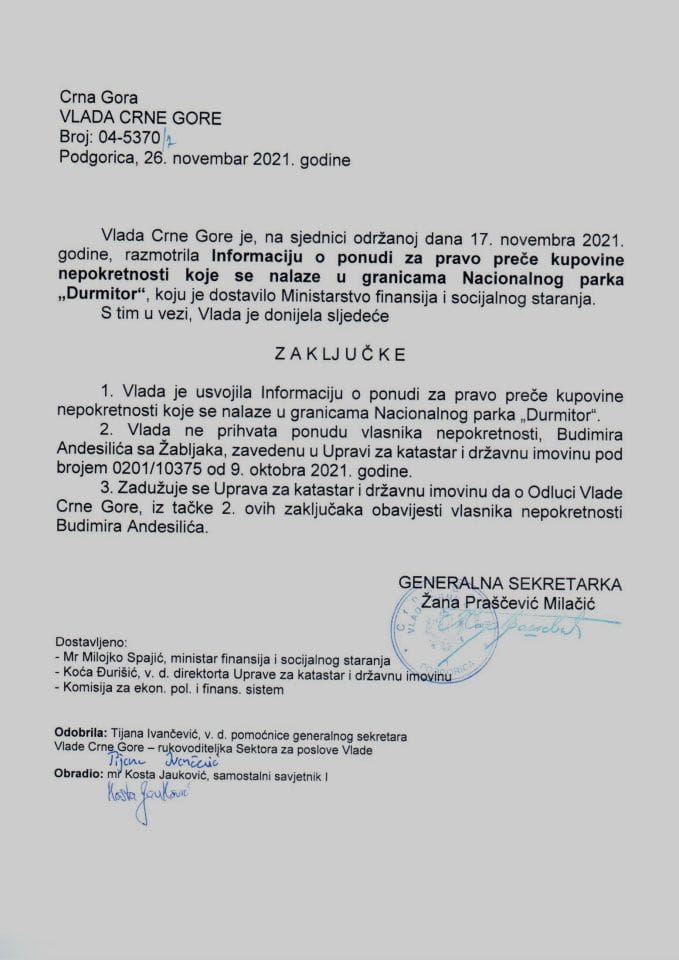 Informacija o ponudi za pravo preče kupovine nepokretnosti koje se nalaze u granicama Nacionalnog parka „Durmitor“ (bez rasprave) - zaključci
