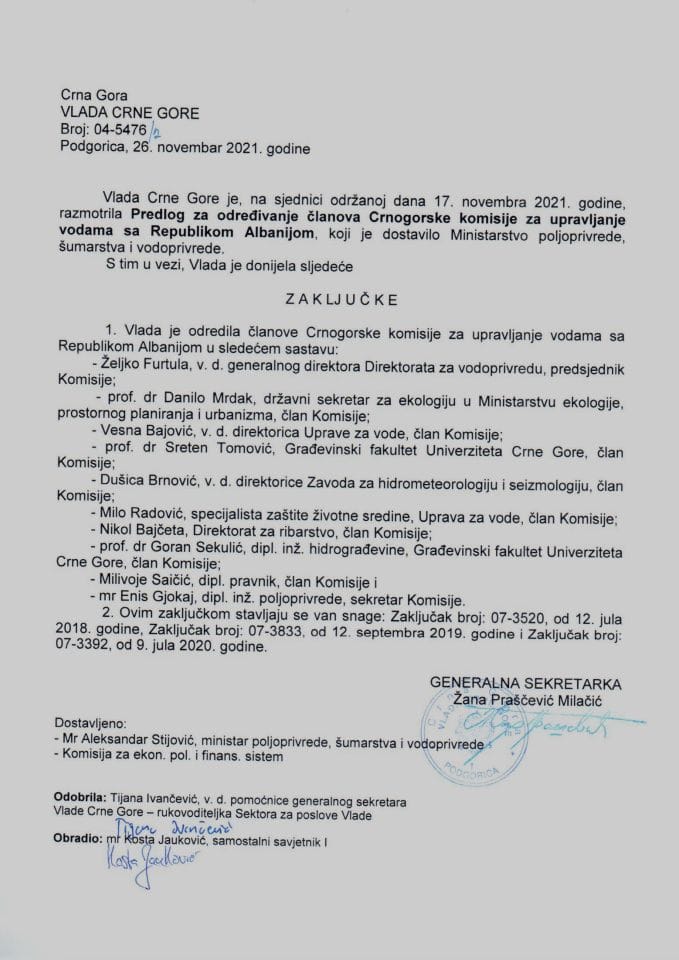 Predlog za određivanje članova Crnogorske komisije za upravljanje vodama sa Republikom Albanijom (bez rasprave) - zaključci