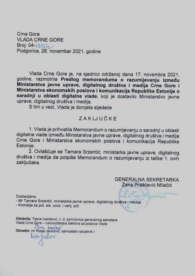 Predlog memoranduma o razumijevanju između Ministarstva javne uprave, digitalnog društva i medija Crne Gore i Ministarstva ekonomskih poslova i komunikacija Republike Estonije o saradnji u oblasti digitalne vlade (bez rasprave) - zaključci