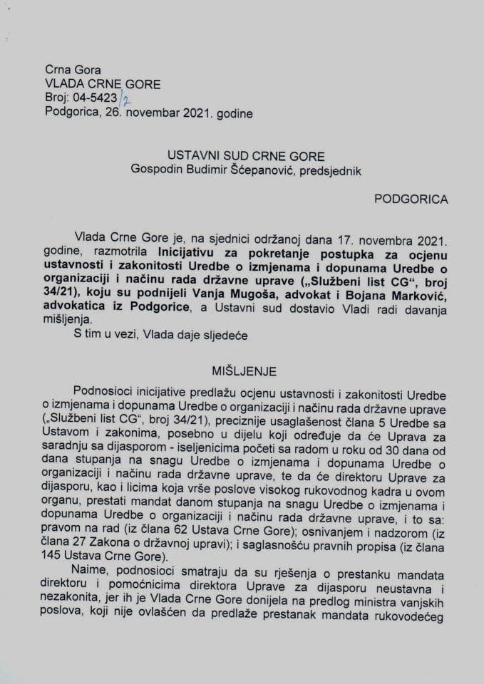 Predlog mišljenja na Inicijativu za pokretanje postupka za ocjenu ustavnosti i zakonitosti Uredbe o izmjenama i dopunama Uredbe o organizaciji i načinu rada državne uprave („S.l. CG“, broj 34/21), koju su podnijeli Vanja Mugoša i Bojana Marković - zaključci