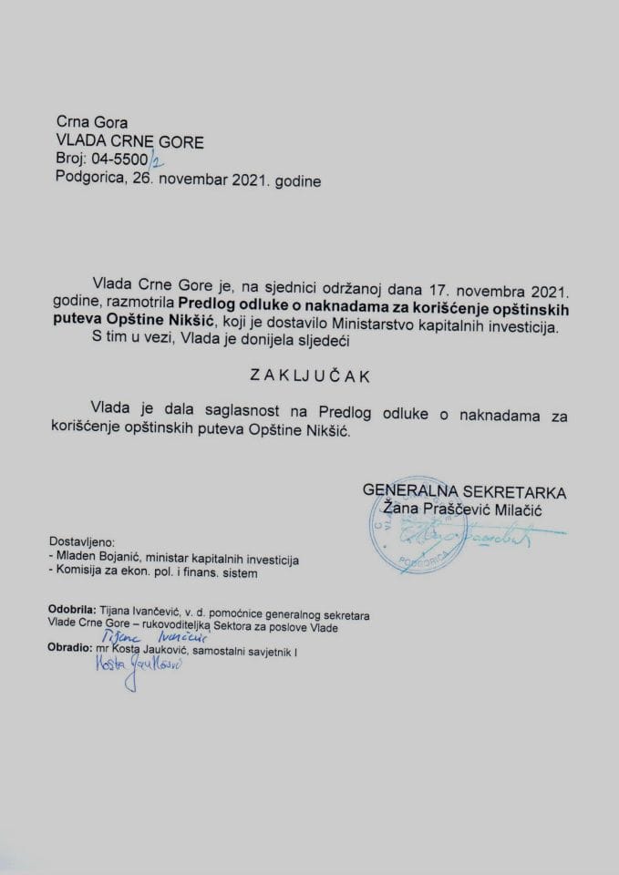 Predlog odluke o naknadama za korišćenje opštinskih puteva Opštine Nikšić (bez rasprave) - zaključci