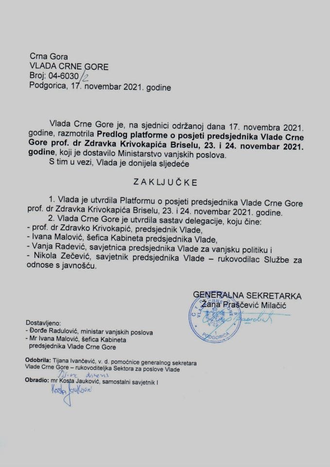 Predlog platforme za posjetu predsjednika Vlade Crne Gore prof. dr Zdravka Krivokapića Briselu, 23. i 24. novembra 2021. godine - zaključci