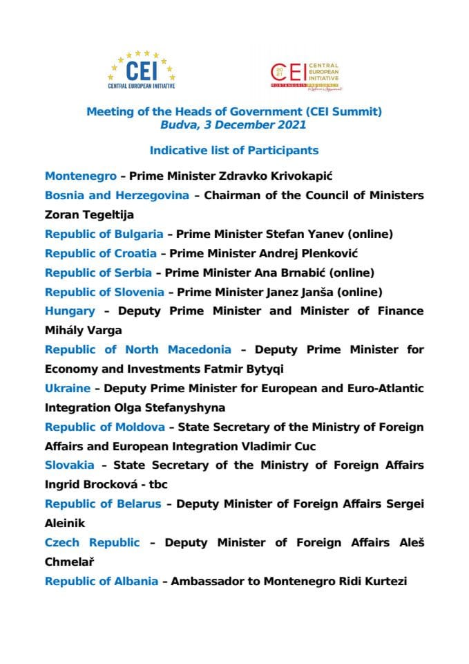 Spisak učesnika Samita predsjednika vlada Centralno-evropske inicijative