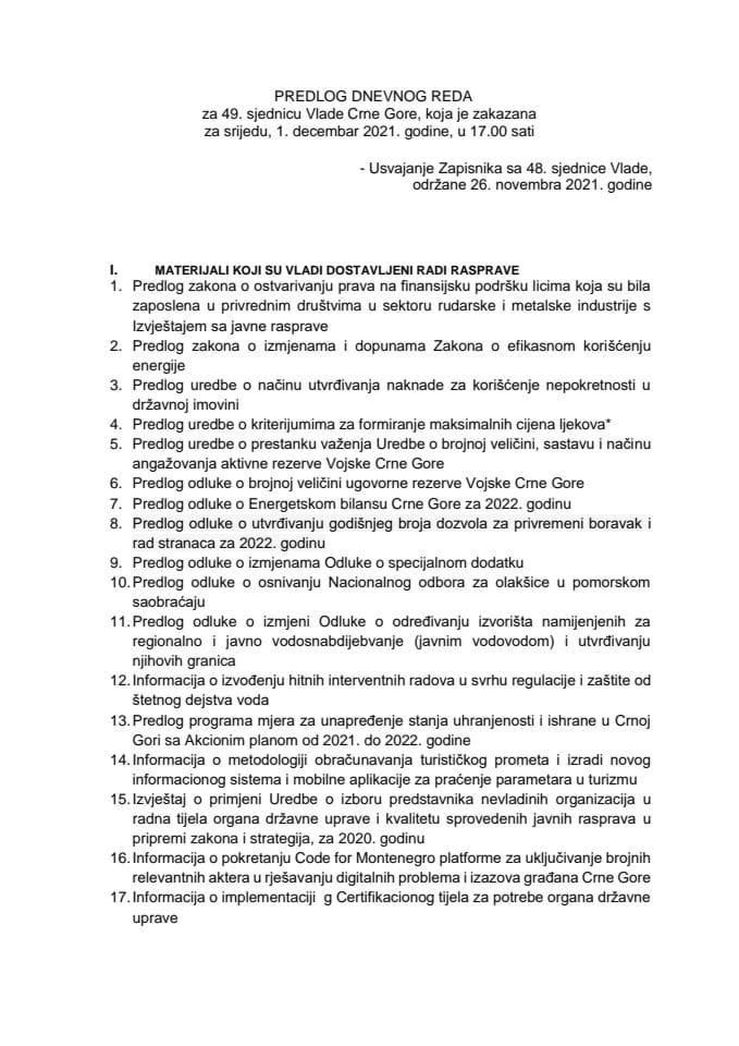 Predlog dnevnog reda za 49. sjednicu Vlade Crne Gore