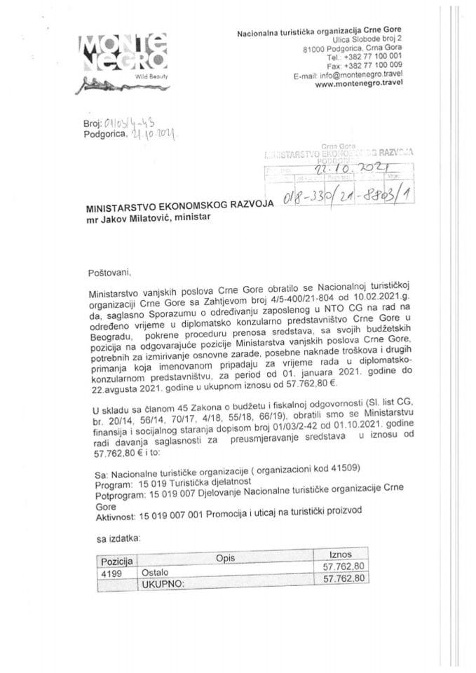 Predlog za preusmjerenje sredstava s potrošačke jedinice Nacionalna turistička organizacija Crne Gore na potrošačku jedinicu Ministarstvo vanjskih poslova (bez rasprave)