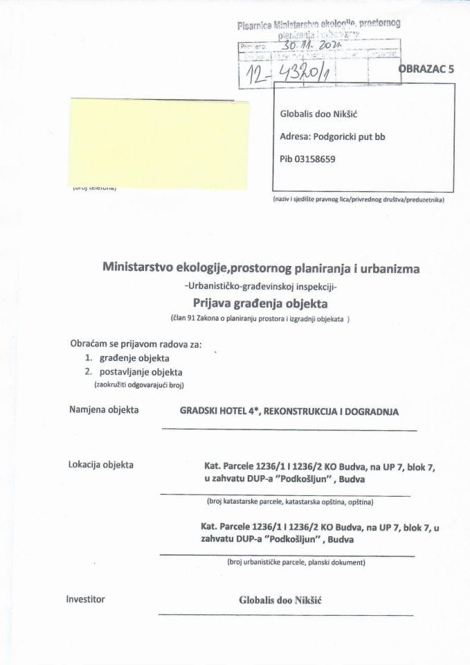 Prijava građenja objekta - 12-4320-1 GLOBALIS DOO NIKŠIĆ