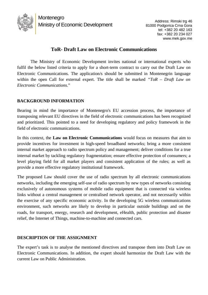 ToR- Draft Law on Electronic Communications