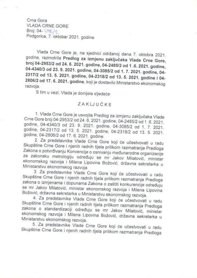 Предлог за измјену закључака Владе Црне Горе, бр. 04-2953/2, 04-2485/2, 04-4340/3, 04-3085/2, 04-2317/2, 04-2318/2 и 04-2806/2 - закључци