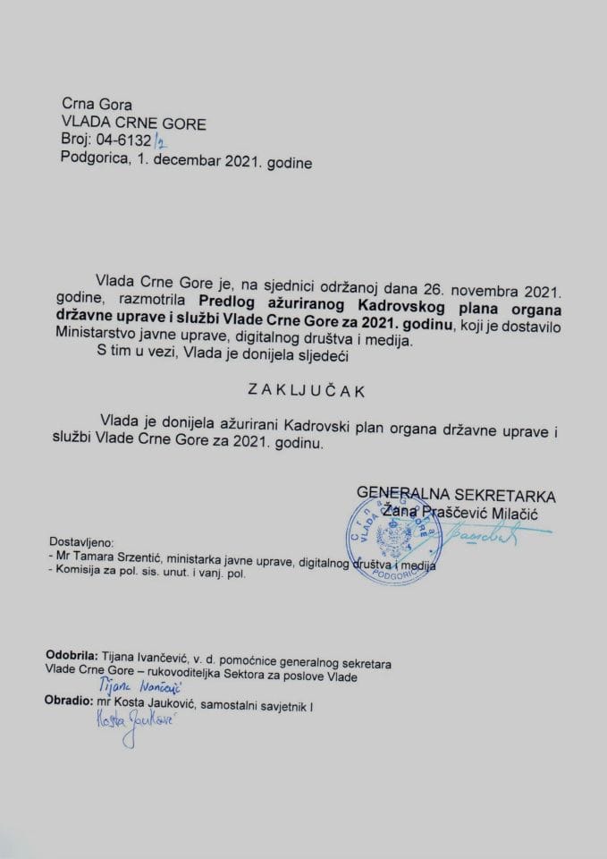 Предлог ажурираног Кадровског плана органа државне управе и служби Владе Црне Горе за 2021. годину - закључци