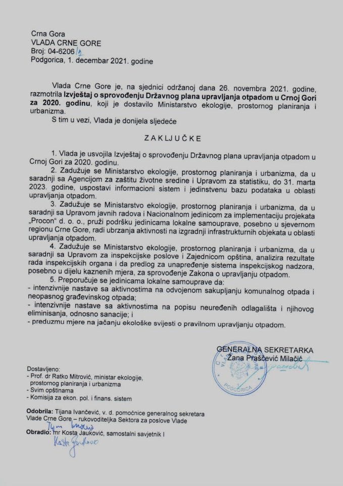 Izvještaj o sprovođenju Državnog plana upravljanja otpadom u Crnoj Gori u 2020. godini - zaključci