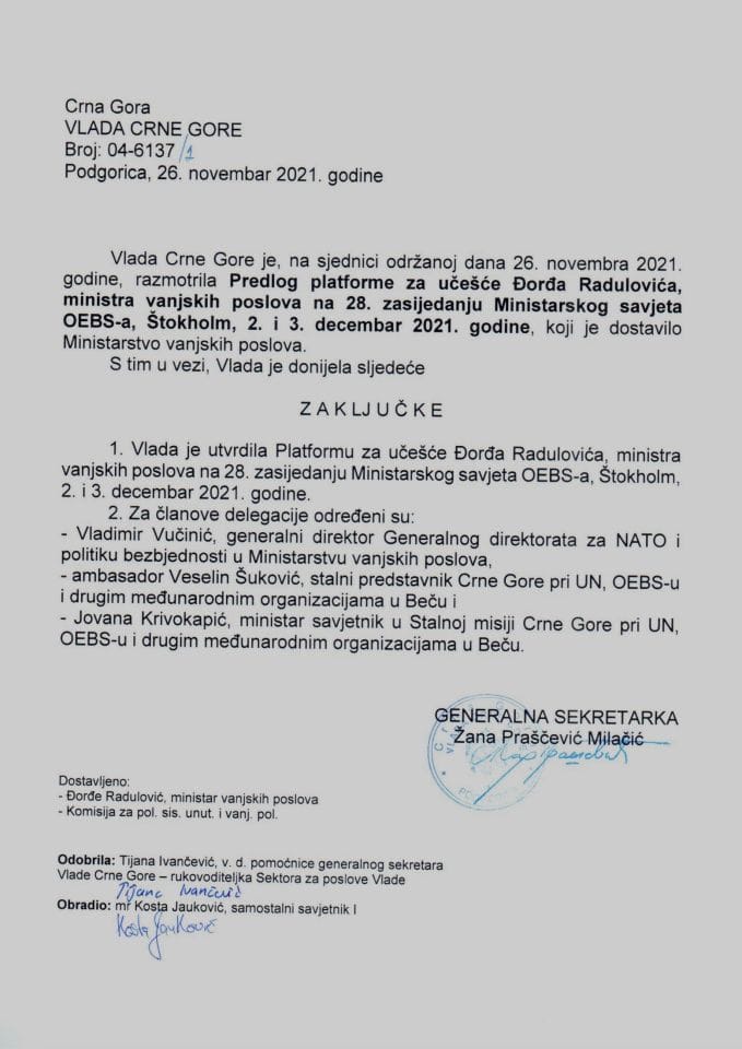 Предлог платформе за учешће Ђорђа Радуловића, министра вањских послова, на 28. засиједању Министарског савјета ОЕБС-а, Штокхолм, 2. и 3. децембар 2021. године - закључци
