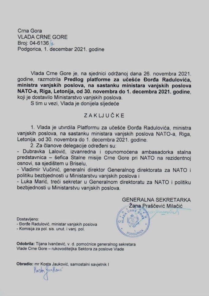 Предлог платформе за учешће Ђорђа Радуловића, министра вањских послова, на састанку министара вањских послова НАТО-а, Рига, Летонија, од 30. новембра до 1. децембра 2021. године - закључци