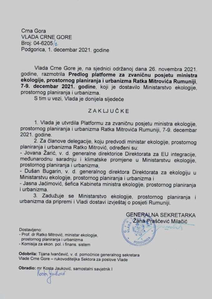 Предлог платформе за званичну посјету министра екологије, просторног планирања и урбанизма Ратка Митровића Румунији, од 7. до 9. децембра 2021. године - закључци