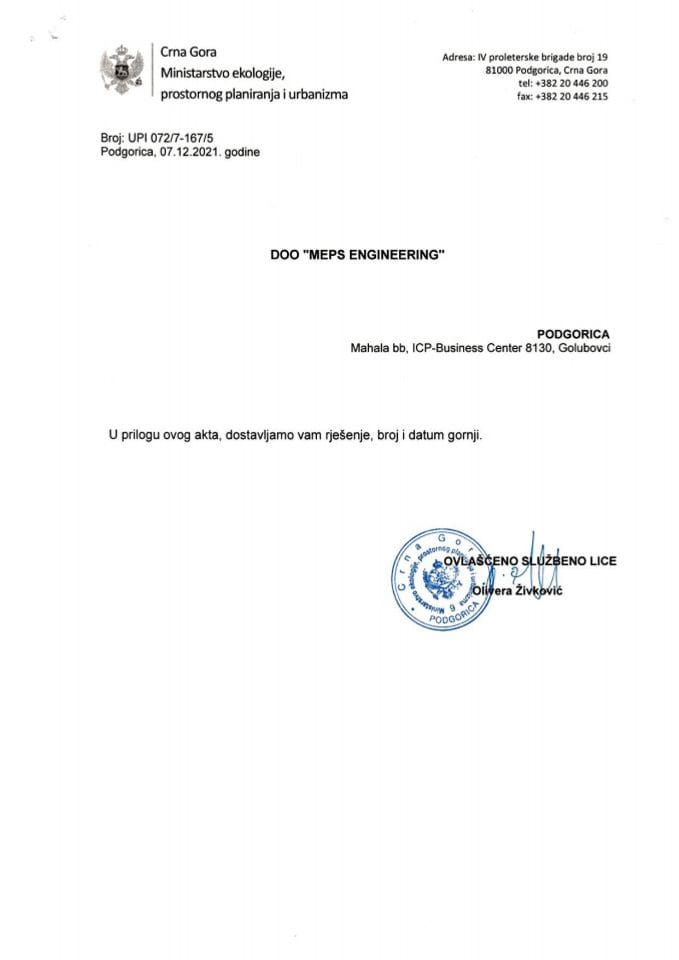 Licence projektanata i izvođača radova - UPI 072-7-167-5 DOO MEPS ENGINEERING