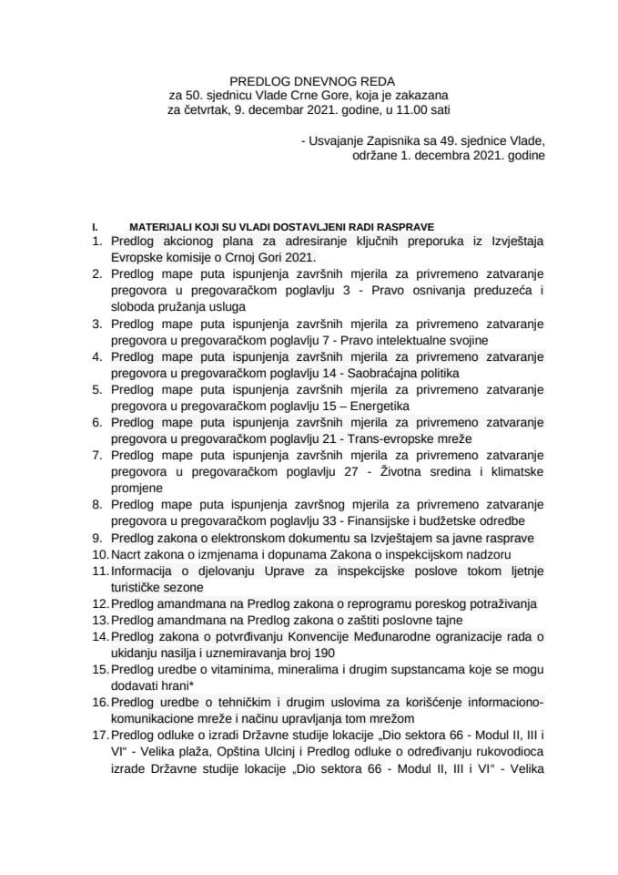 Predlog dnevnog reda za 50. sjednicu Vlade Crne Gore