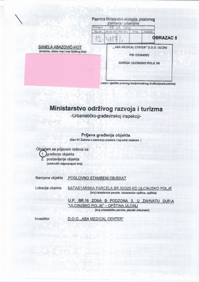 Prijava građenja objekta - 12-4177-1 DOO ABA MEDICAL CENTER