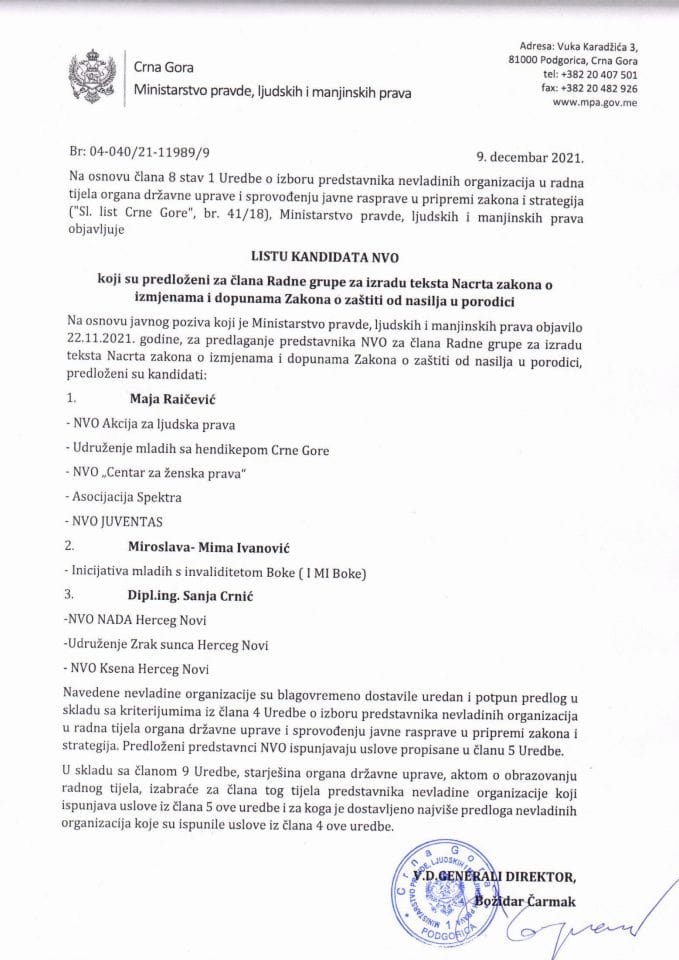 Lista kandidata NVO koji su predloženi za člana Radne grupe za izradu teksta Nacrta zakona o izmjenama i dopunama Zakona o zaštiti od nasilja u porodici