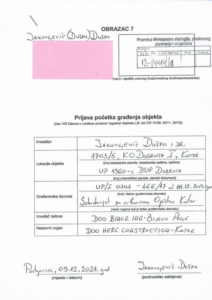 Prijava građenja objekta - 12-4414-1 JAKOVLJEVIĆ DUŠKO