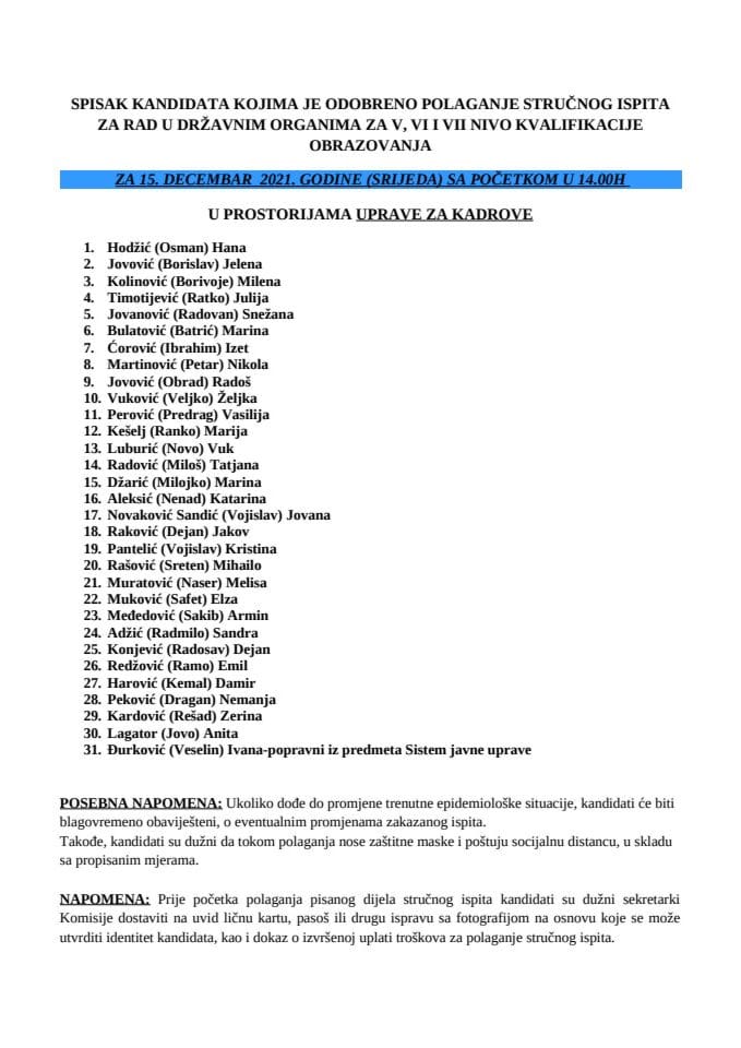 Списак кандидата 15. децембар - ВСС