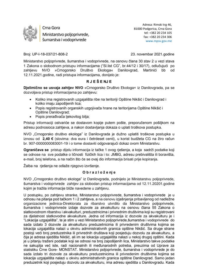 Rješenje NVO Crnogorsko Društvo Ekologa djelimično usvojeno UP-I-18-037/21-808-2