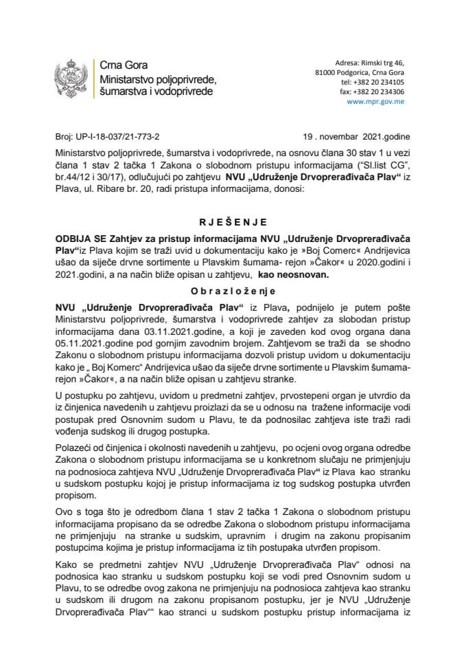 Рјешење НВУ Удружење Дрвопрерађивача Плав одбијен УП-И-18-037/21-773-2