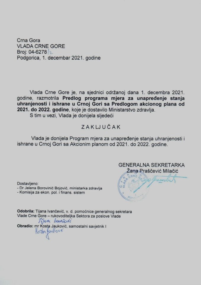 Предлог програма мјера за унапређење стања ухрањености и исхране у Црној Гори са Акционим планом од 2021. до 2022. године - закључци