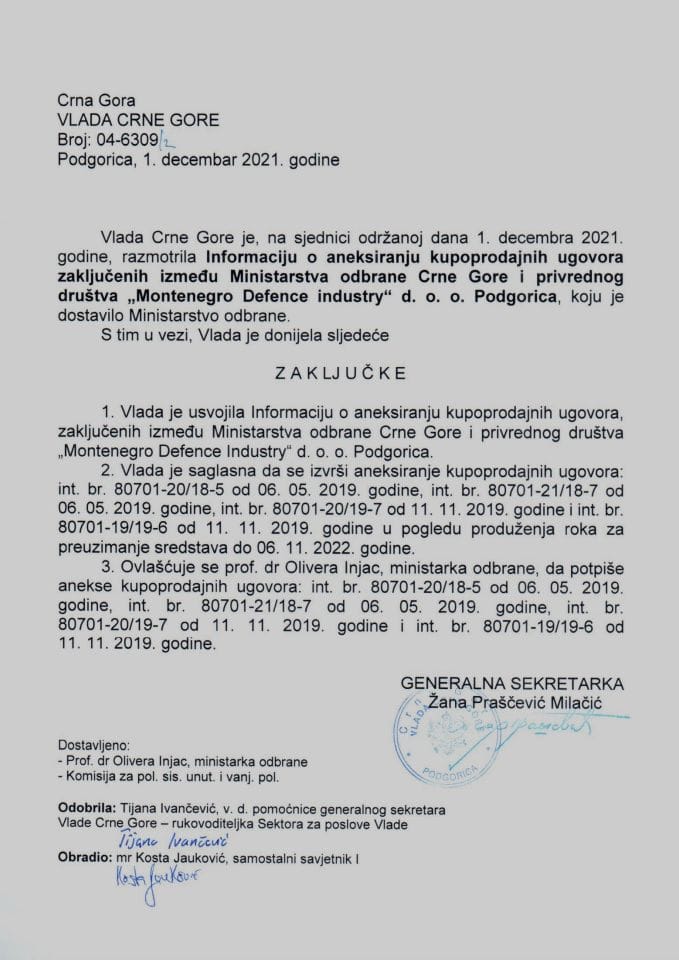 Informacija o aneksiranju kupoprodajnih ugovora zaključenih između Ministarstva odbrane Crne Gore i privrednog društva „Montenegro Defence industry“ d.o.o Podgorica - zaključci