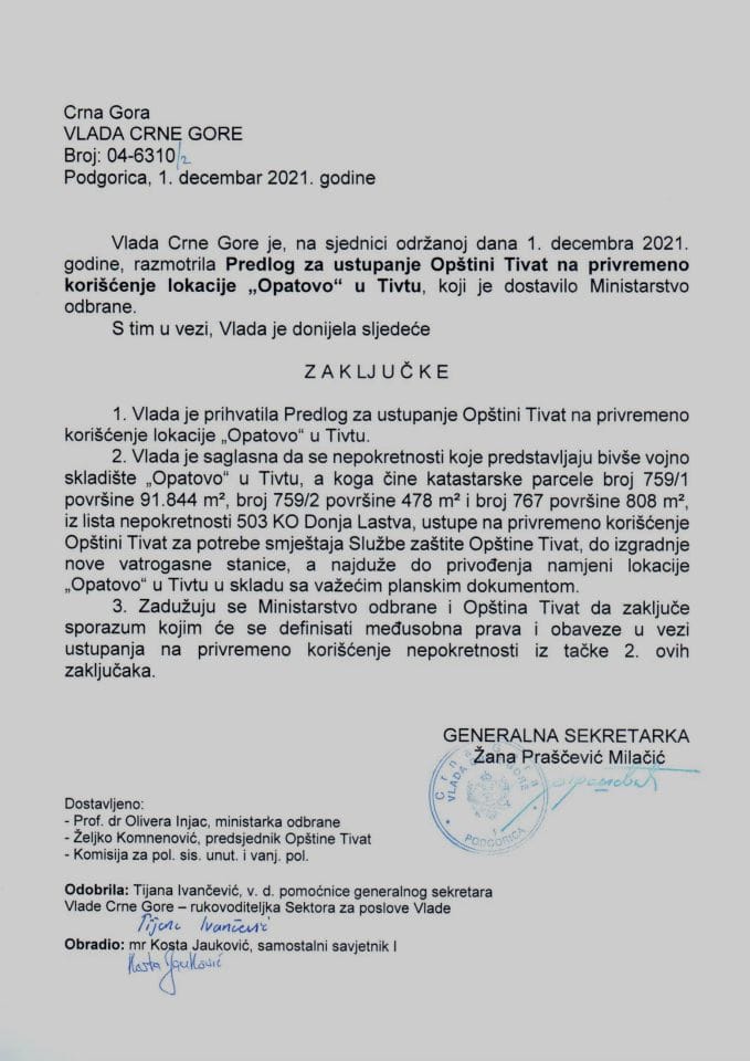 Predlog za ustupanje Opštini Tivat na privremeno korišćenje lokacije „Opatovo“ u Tivtu - zaključci