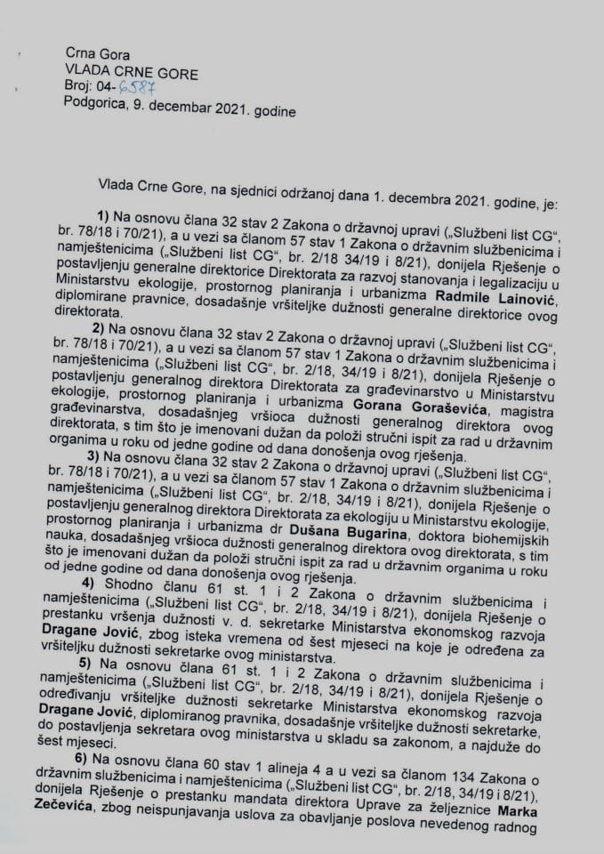Kadrovska pitanja sa 49. sjednice Vlade Crne Gore - zaključci