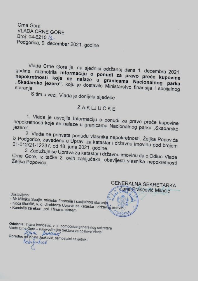 Informacija o ponudi za pravo preče kupovine nepokretnosti koje se nalaze u granicama Nacionalnog parka „Skadarsko jezero“ (bez rasprave) - zaključci