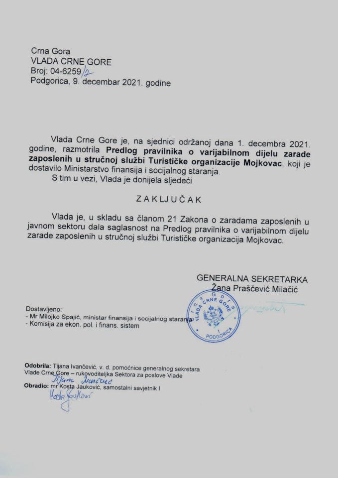 Predlog pravilnika o varijabilnom dijelu zarade zaposlenih u stručnoj službi Turističke organizacije Mojkovac (bez rasprave) - zaključci