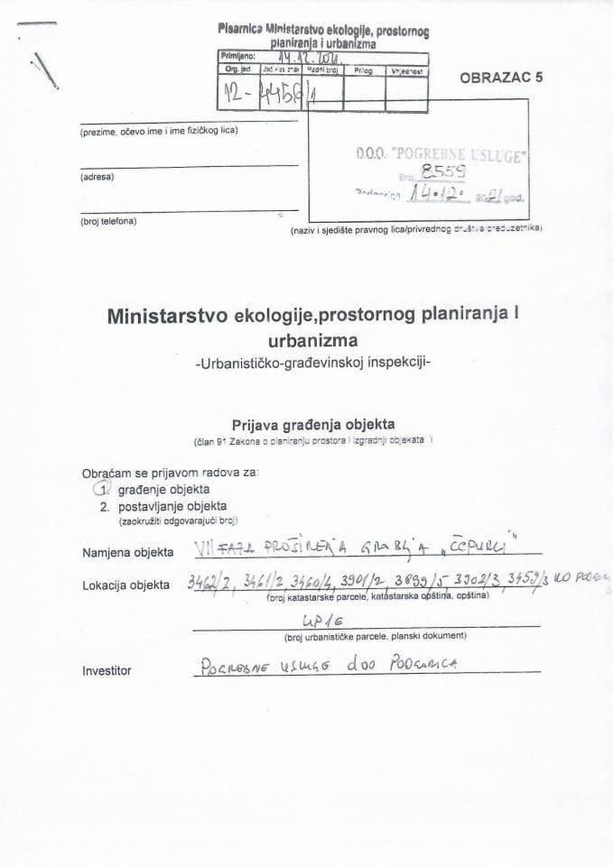 Prijava građenja objekta - 12-4456-1 POGREBNE USLUGE DOO PODGORICA