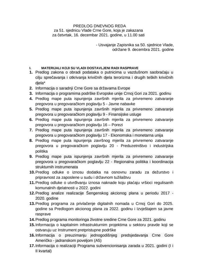 Предлог дневног реда за 51. сједницу Владе Црне Горе