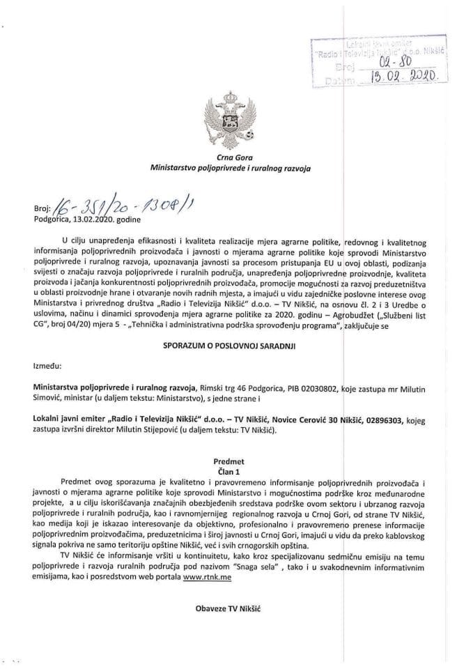Sporazum o poslovnoj saradnji MPRR-Lokalni javni emiter "Radio i televizija Nikšić"