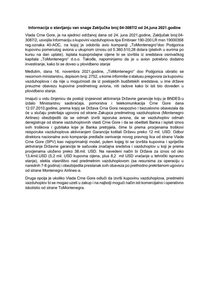 Informacija o stavljanju van snage Zaključka Vlade Crne Gore, broj: 04-3087/2, od 24. juna 2021. godine