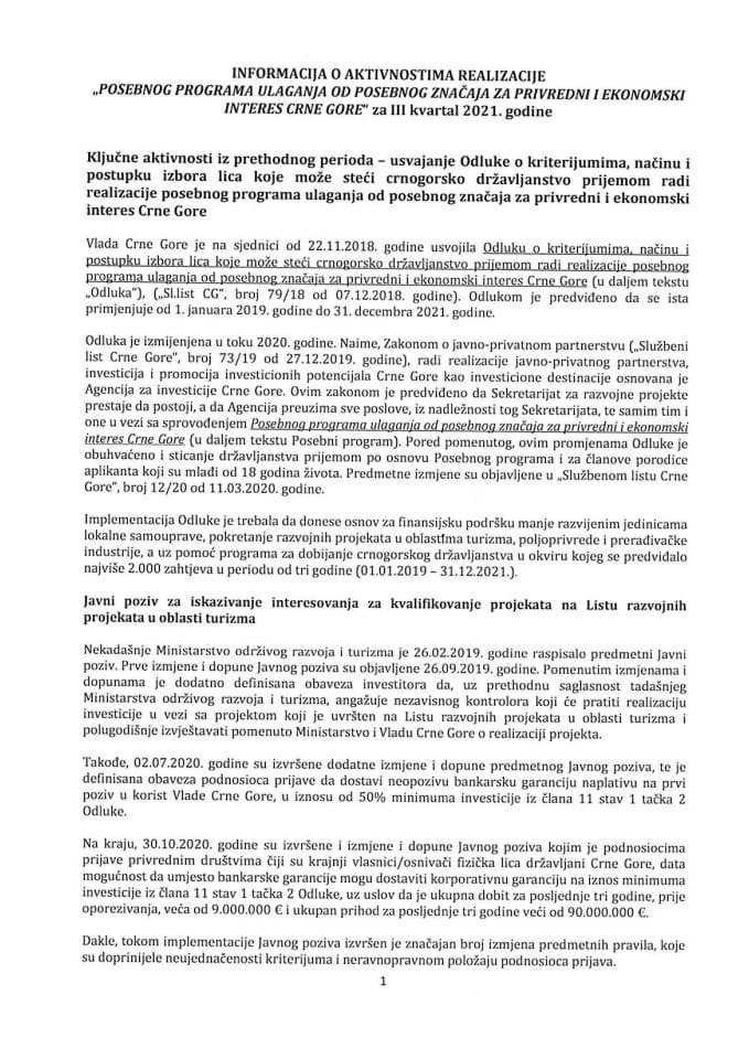 Informacija o aktivnostima realizacije „Posebnog programa ulaganja od posebnog značaja za privredni i ekonomski interes Crne Gore“ za III kvartal 2021. godine