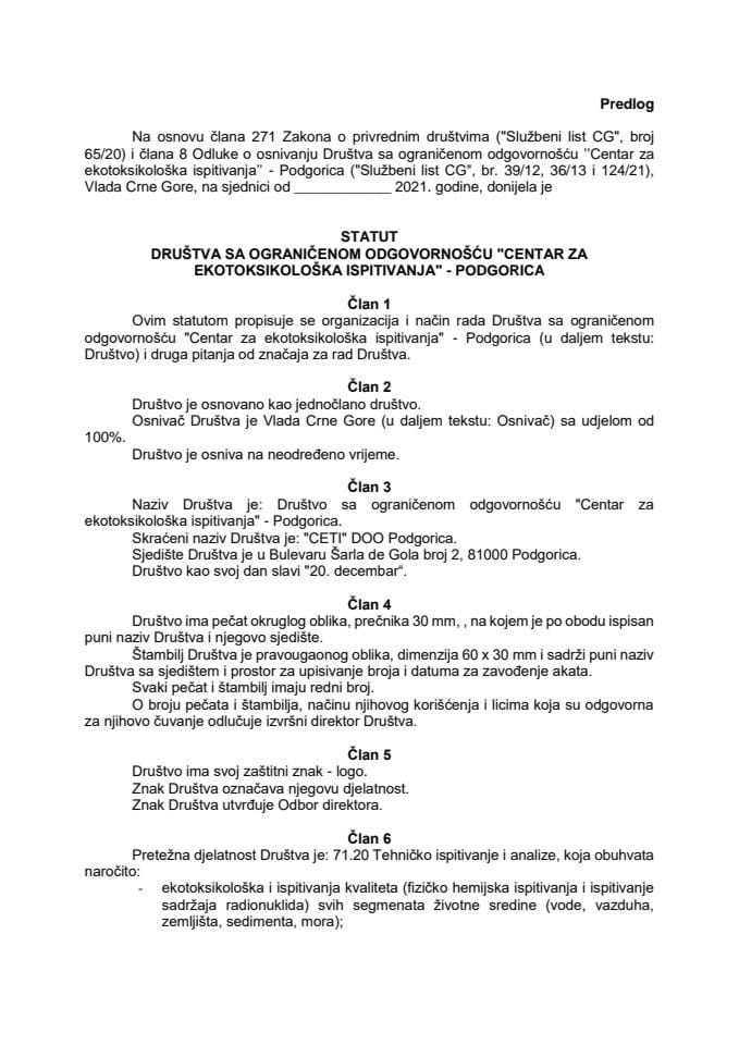 Предлог статута друштва са ограниченом одговорношћу „Центар за екотоксиколошка испитивања“ - Подгорица