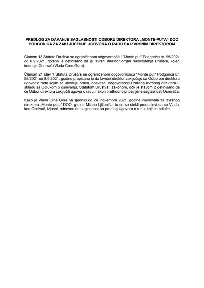 Predlog za davanje saglasnosti Odboru direktora „Monte-puta“ DOO Podgorica za zaključenje Ugovora o radu sa izvršnim direktorom
