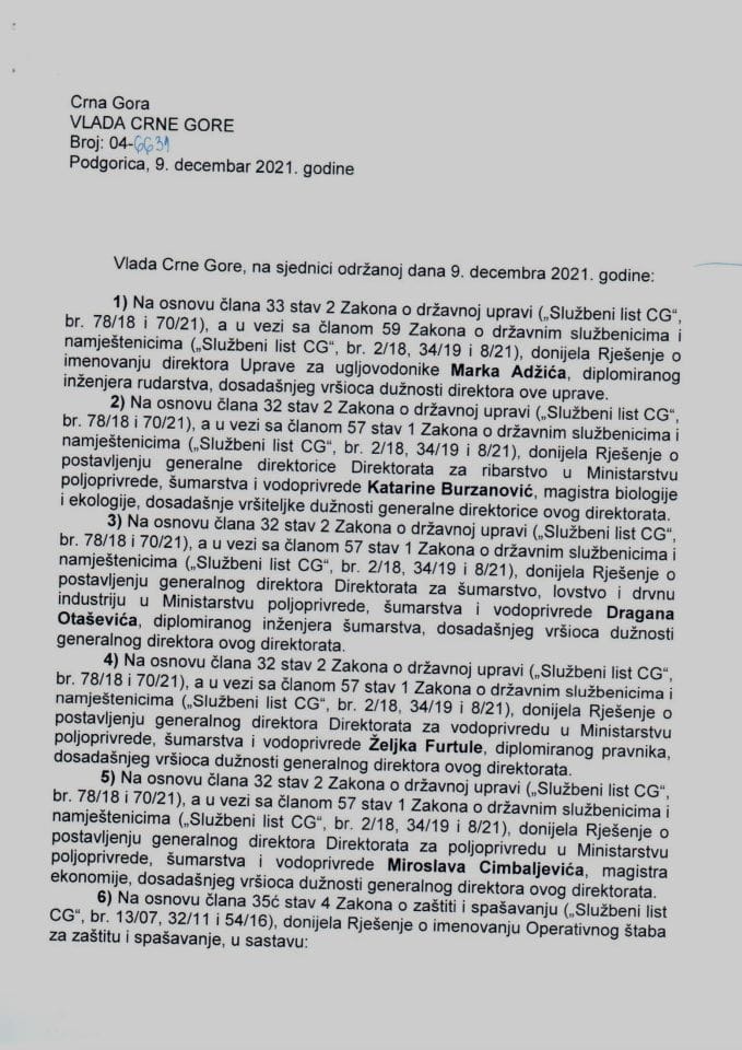 Kadrovska pitanja - 50. sjednica Vlade Crne Gore - zaključci