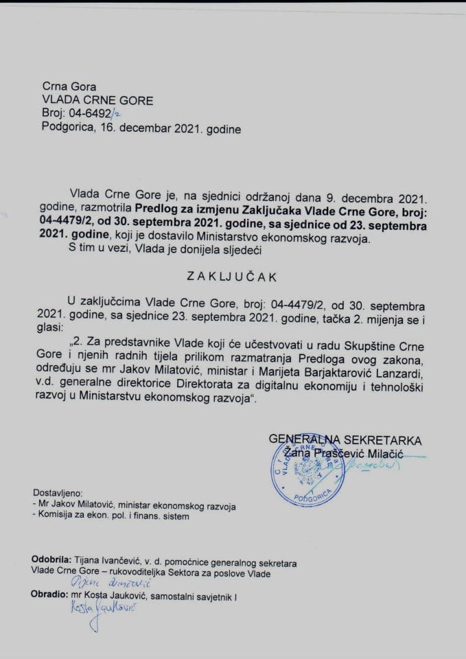 Предлог за измјену Закључака Владе Црне Горе, број: 04-4479/2, од 30. септембра 2021. године, са сједнице од 23. септембра 2021. године (без расправе) - закључци