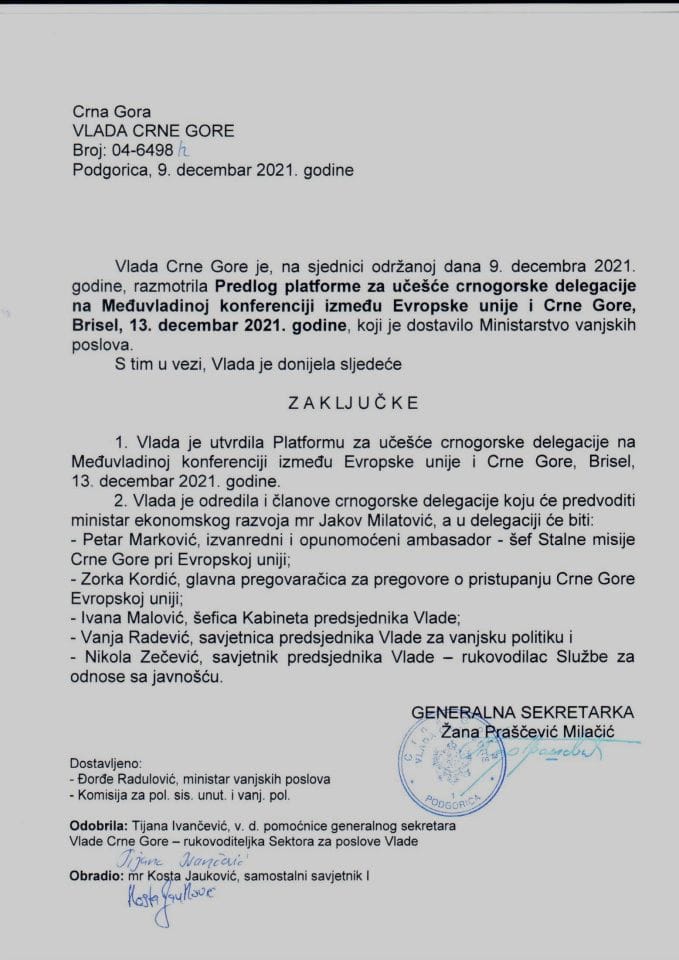 Predlog platforme za učešće crnogorske delegacije na Međuvladinoj konferenciji između Evropske unije i Crne Gore, Brisel, 13. decembar 2021. godine (bez rasprave) - zaključci