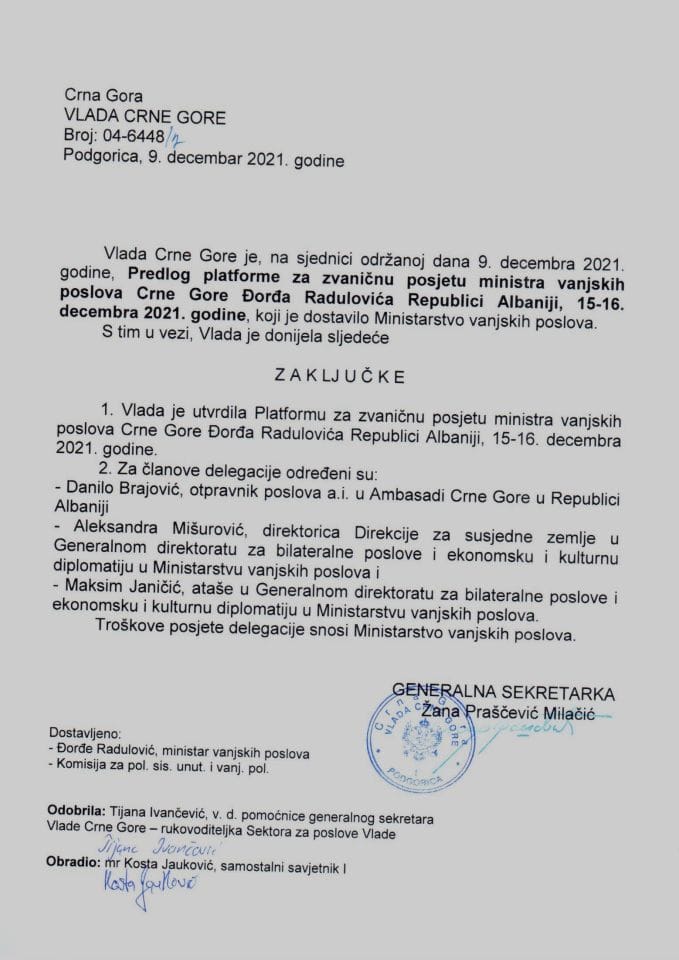 Предлог платформе за званичну посјету министра вањских послова Црне Горе Ђорђа Радуловића Републици Албанији, 15. и 16. децембра 2021. године (без расправе) - закључци