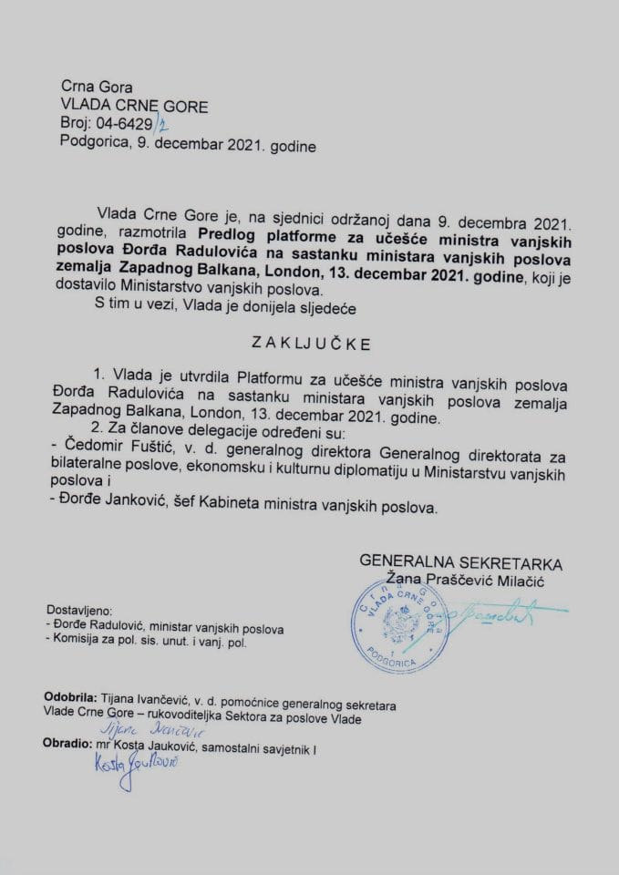 Предлог платформе за учешће министра вањских послова Ђорђа Радуловића на састанку министара вањских послова земаља Западног Балкана, Лондон, 13. децембар 2021. године (без расправе) - закључци