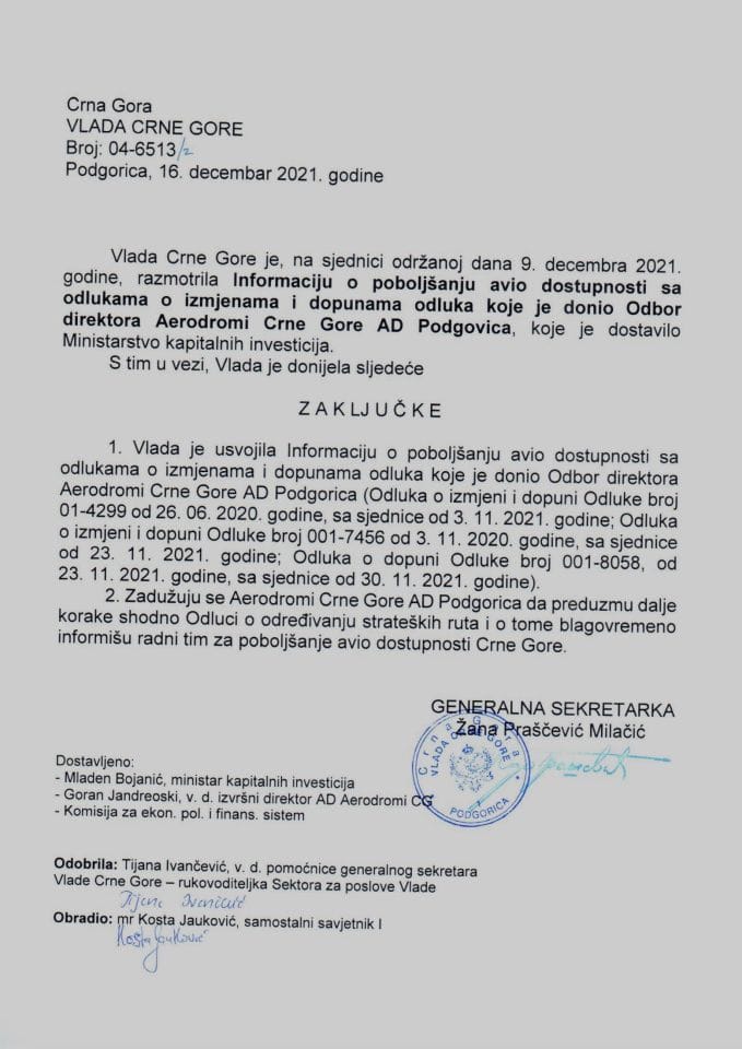 Informacija o poboljšanju avio dostupnosti sa odlukama o izmjenama i dopunama odluka koje je donio Odbor direktora Aerodromi Crne Gore AD Podgorica - zaključci