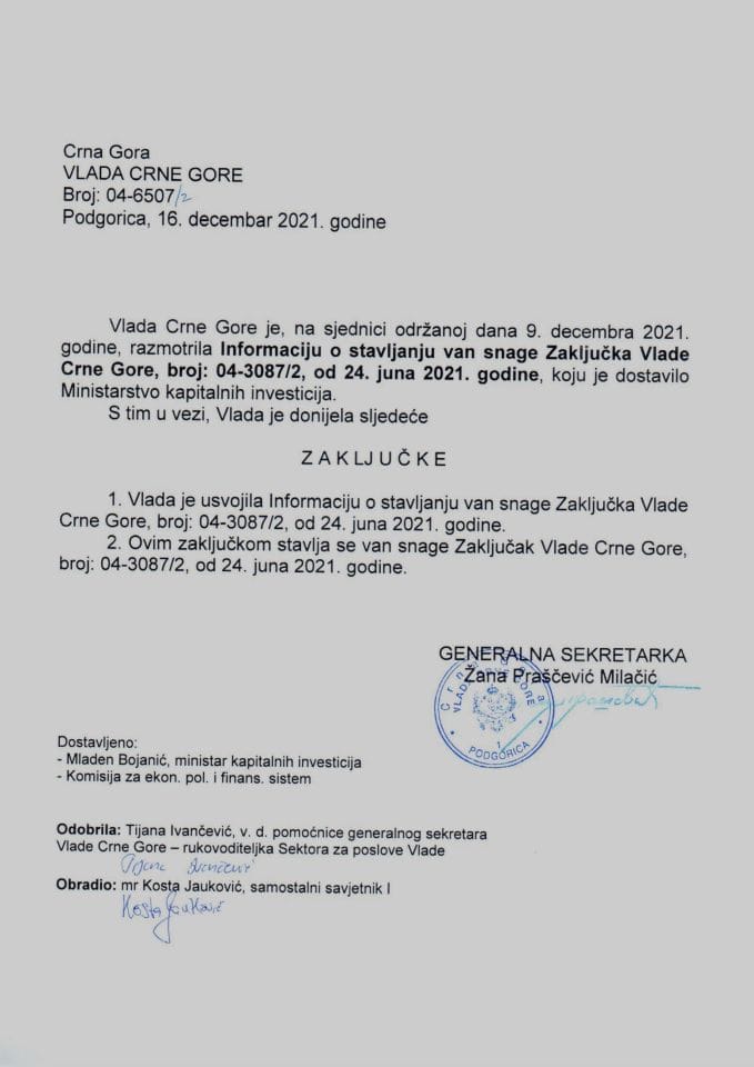Информација о стављању ван снаге Закључка Владе Црне Горе, број: 04-3087/2, од 24. јуна 2021. године - закључци