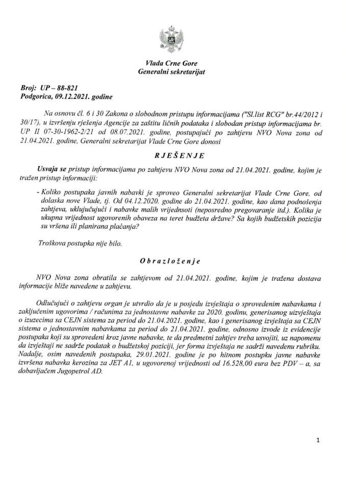 Информација којој је приступ одобрен по захтјеву НВО Нова зона од 21.04.2021. године - УП - 88-8/21