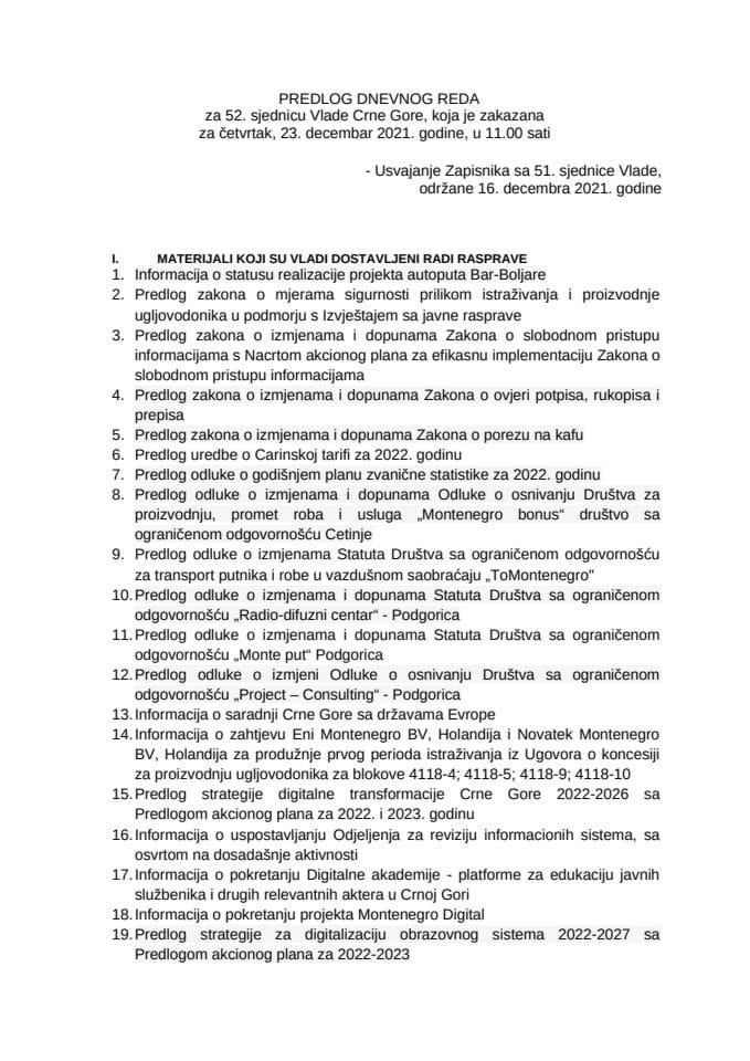 Predlog dnevnog reda za 52. sjednicu Vlade Crne Gore