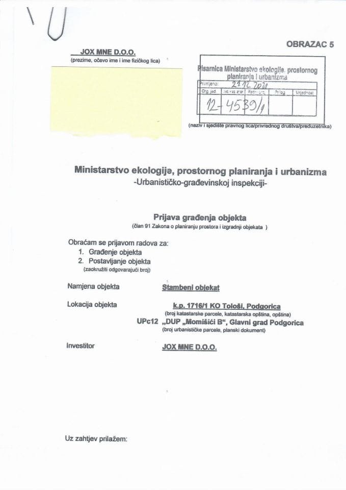 Prijava građenja objekta - 12-4539-1 JOX MNE DOO