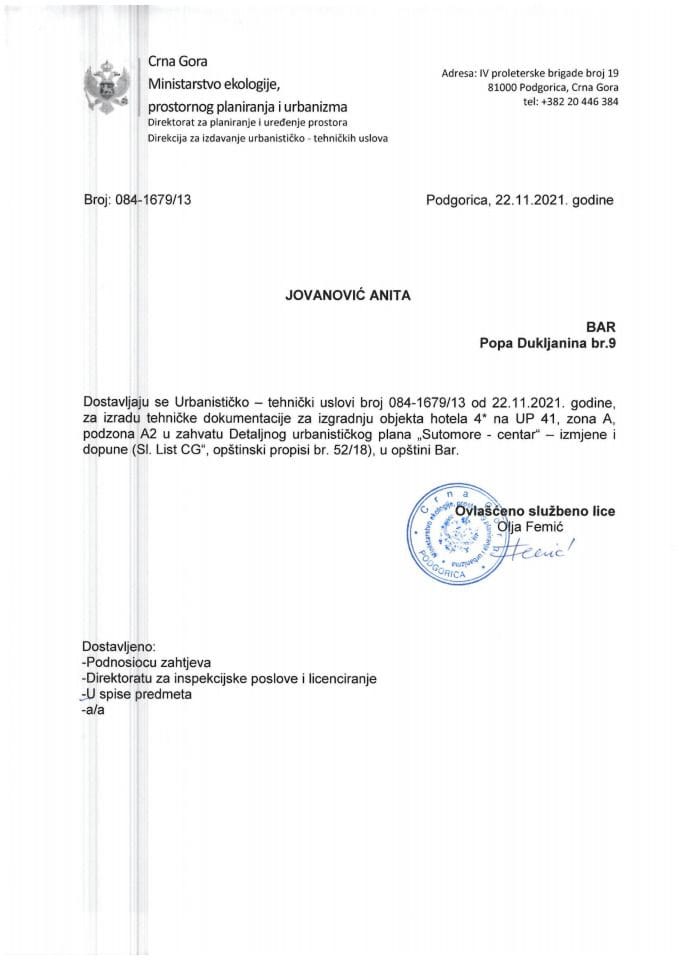 Izdati urbanističko tehnički uslovi - 084-1679-13 JOVANOVIĆ ANITA